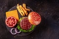 Hamburger ingredients, overhead shot with a place for text