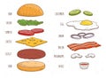 Hamburger ingredients separately. Bun, salad, tomato, cheese, cutlet, egg, bacon, mushrooms, onion, ketchup. Colorful