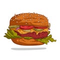 A hamburger, isolated vector illustration. Colored sketch drawn illustration of delicious burger with meat and vegetables. Street Royalty Free Stock Photo