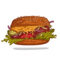 A hamburger, isolated vector illustration. Colored sketch drawn illustration of delicious burger Royalty Free Stock Photo