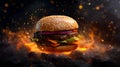 Hamburger with lettuce, dressing, cucumber and onions on a beautiful fiery background