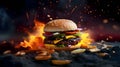 Hamburger with lettuce, dressing, cucumber and onions on a beautiful fiery background