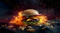 Hamburger with lettuce, dressing, cucumber and onions on a beautiful fiery background