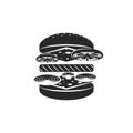 Hamburger logo, black and white emblem cheeseburger menu minimal style, burger ingredients in isometric cutlet, cheese, slices of