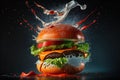 Hamburger with lots of cheese, vegetables, explosion of flavors, smoked on the barbecue, Royalty Free Stock Photo
