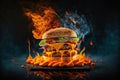 Hamburger with lots of cheese, vegetables, explosion of flavors, smoked on the barbecue, Royalty Free Stock Photo