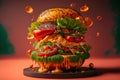 Hamburger with lots of cheese, vegetables, explosion of flavors, smoked on the barbecue, Royalty Free Stock Photo