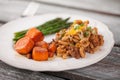 Hamburger Macaroni with Carrots wood table