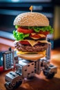 A hamburger made out of legos sitting on top of a table. Generative AI image.