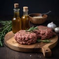 Hamburger meat grilling for burgers homemade cutlets in frying pan close up