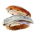 Hamburger with money, as a filling, dollars, euros, pounds Royalty Free Stock Photo