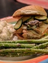 Hamburger with mushrooms and squash, mashed potatoes, and asparagus