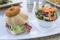 Hamburger with Onion Ring and Colorful Salad