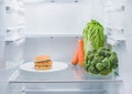 A hamburger on a plate and fresh vegetables opposite each other in an empty refrigerator