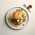 Hamburger on a plate, surrounded by ingredients, white background