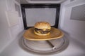 Hamburger in plate on turntable microwave Royalty Free Stock Photo