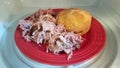 Hamburger with pork on red plate in microwave Royalty Free Stock Photo