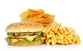 Hamburger, potato free and potato chips Royalty Free Stock Photo