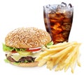 Hamburger, potato fries, cola drink. Takeaway food. Royalty Free Stock Photo