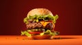 Hamburger on a red background. 3d rendering, 3d illustration. Generative AI Royalty Free Stock Photo