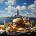 Hamburger serving beautiful view. Luxury tourist resort breakfast in hotel room.