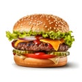 Tasty hamburger on white with background color, generative ai