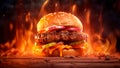 The hamburger sits with fire background, waiting to be savored. Generative AI