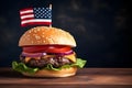 hamburger with small american flag on it, dark background, US patriotic proud theme, neural network generated image