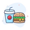 Hamburger and soda takeaway vector icon. Fast food line icon. Soda Drink Cup Outline Illustration. Royalty Free Stock Photo