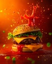 A hamburger with a splash of red liquid coming out of it Royalty Free Stock Photo