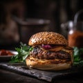 Hamburger On Stone In Rustic Pub. Generative AI Royalty Free Stock Photo