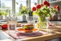Hamburger on table in kitchen at home,fast food