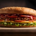 Hamburger on a table, large delicious sandwich with fresh vegetables and cheese, close-up