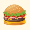 Hamburger vector cartoon illustration. American fast food cheeseburger with bun, leaves lettuce, cheese, tomato, beef