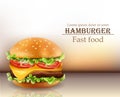 Hamburger Vector realistic. Cheese and tomatoes. 3d Detailed illustrations