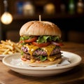 Hamburger on a white plate with french fries, wooden table in a cozy bar Royalty Free Stock Photo