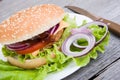 Hamburger on wooden background