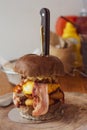 Hamburger on wooden cutting board