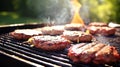 Hamburgers cooking on the BBQ, Barbecue Grill, Barbecue, Meal, Grilled, Burger. AI Generative