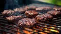 Hamburgers cooking on the BBQ, Barbecue Grill, Barbecue, Meal, Grilled, Burger. AI Generative