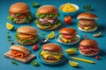 Hamburgers with different ingredients on blue background, top view. generative ai