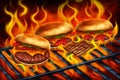 hamburgers and hot dogs cooking on grill with flames Royalty Free Stock Photo