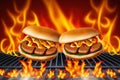 hamburgers and hot dogs cooking on grill with flames Royalty Free Stock Photo