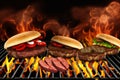 hamburgers and hot dogs cooking on grill with flames Royalty Free Stock Photo