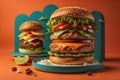 Hamburgers with ingredients on orange background. generative ai