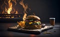 Hamburgers with Lots of Ingredients and French Fries Firing Concept