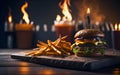 Hamburgers with Lots of Ingredients and French Fries Firing Concept