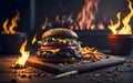 Hamburgers with Lots of Ingredients and French Fries Firing Concept