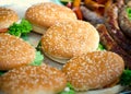 Hamburgers with salad and meat, street food. Selective focus