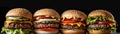 Hamburgers Standing On White Background Wide Panoramic. Generative AI Royalty Free Stock Photo